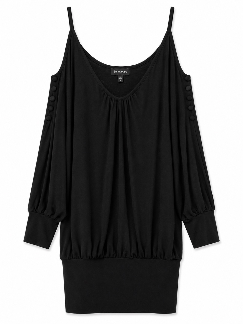 Bebe Black Cold-Shoulder Tunic with Button-Sleeve Detail